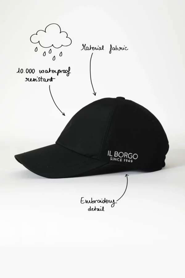 Waterproof baseball cap, black with white embroidery on the side of the product.