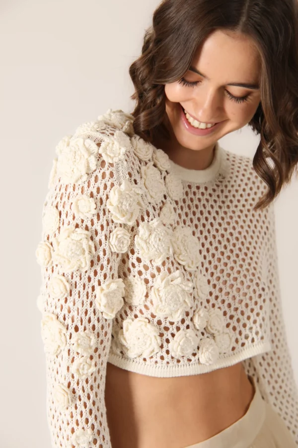 Mesh crop with crochet flowers. This product is produced on a personal order.